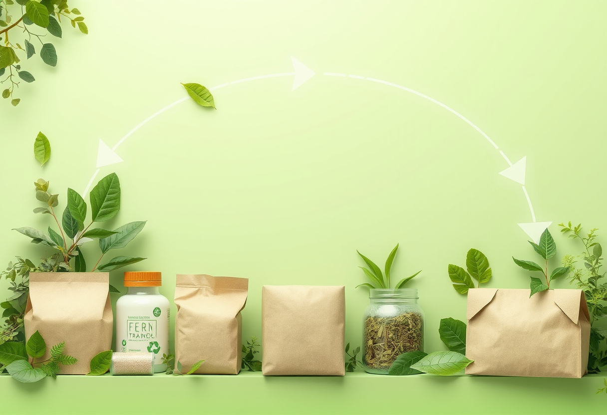 Eco-friendly packaging with sustainable materials and recycling symbols.