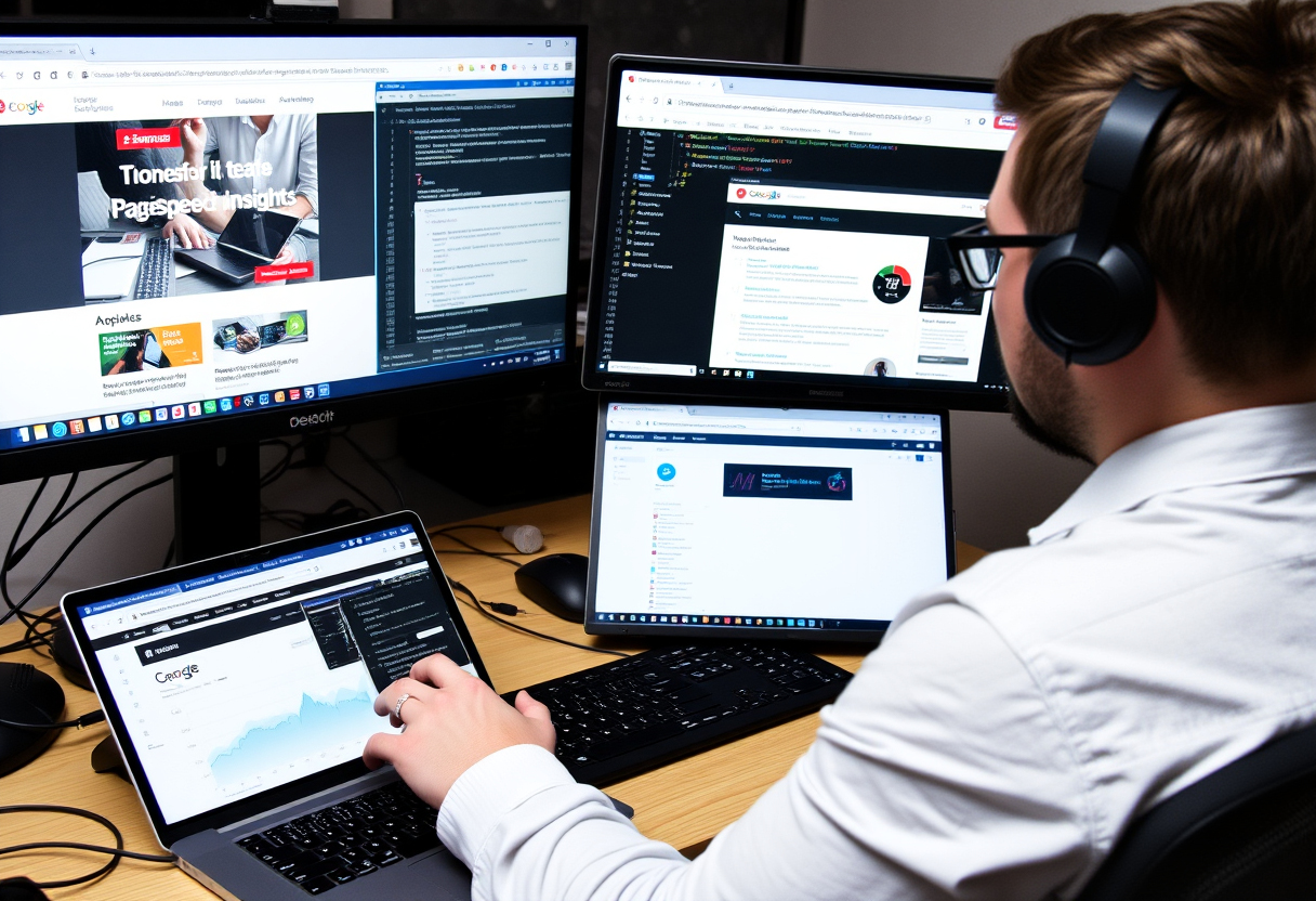 Web developer testing a website on multiple devices with performance monitoring tools and a content management system.