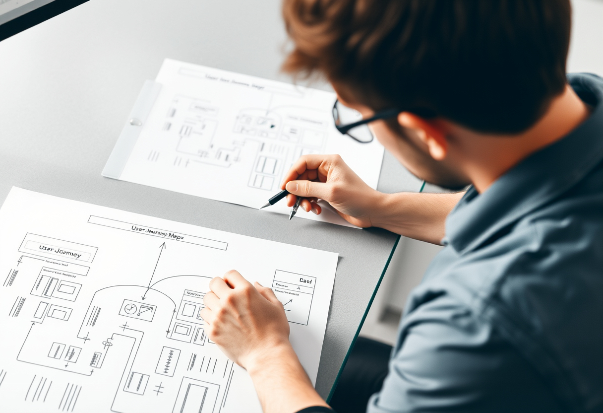 UX designer sketching user journey maps and wireframes.