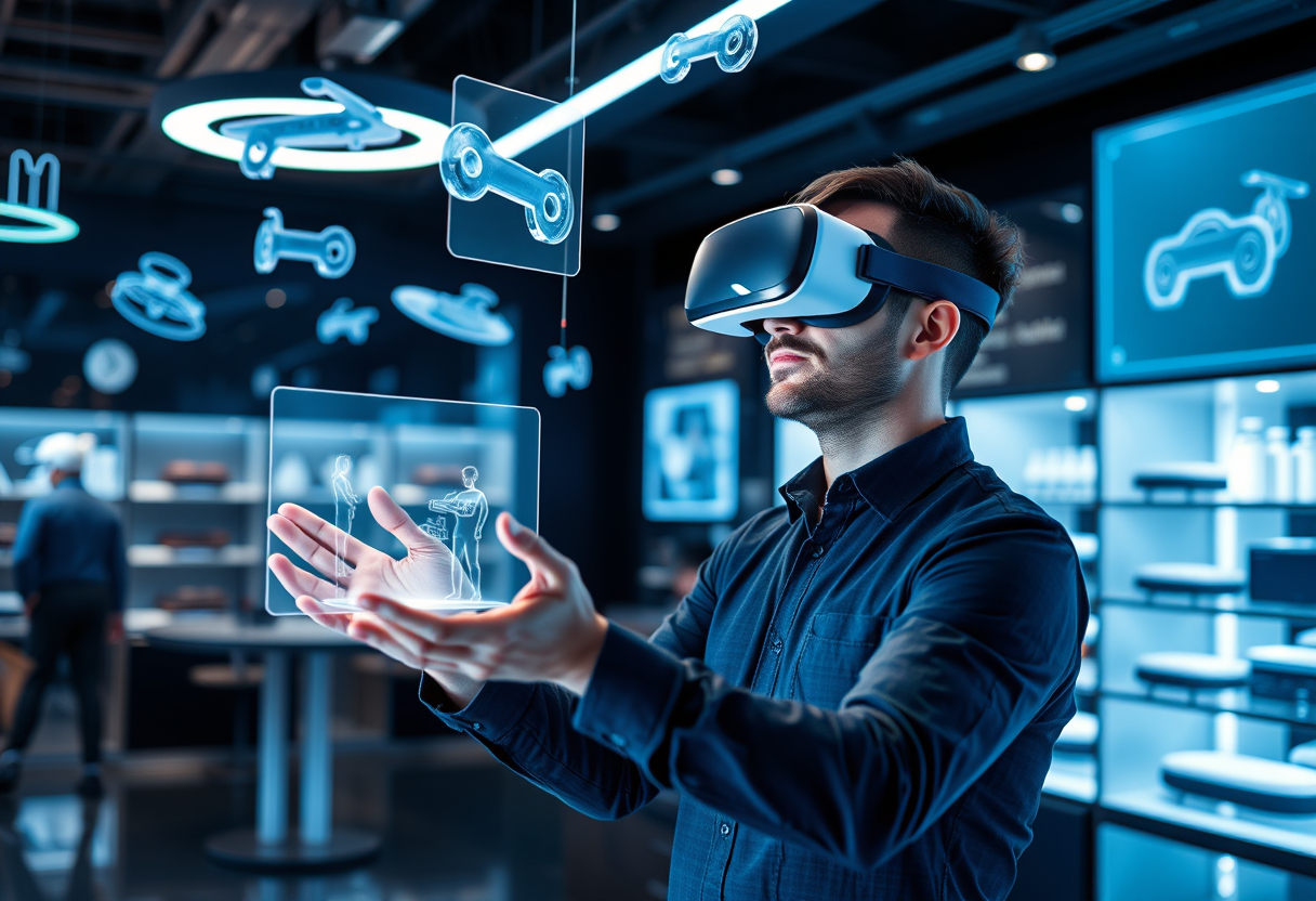 Customer using VR goggles in a virtual reality showroom interacting with 3D products.